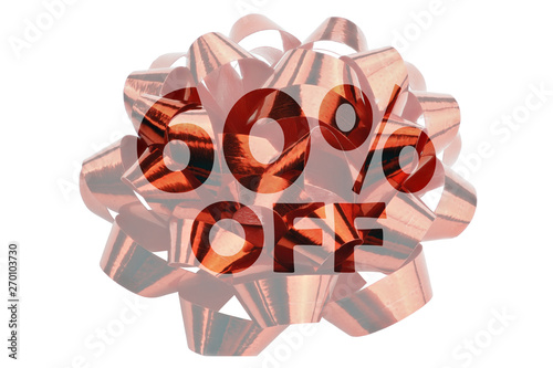 Symbol for a discount over 60% in the form of a highlighted text 60% off in front of a red gift ribbon