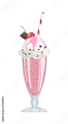 Whipped milkshake with syrup, fruit and straw. Vector illustration