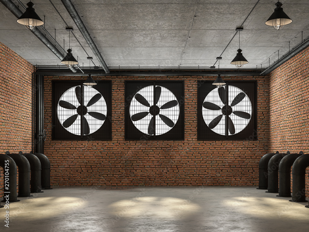 Fototapeta Empty loft room 3d render,There are orange brick wall. With concrete floor and ceiling The wall has a large black ventilation fan. At the ceiling, there are plumbing pipes and wires.