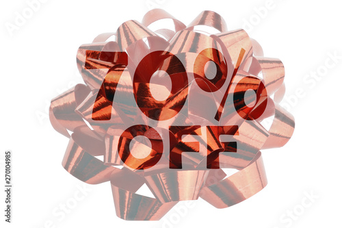 Discount over 70% shown symbolically in the form of a highlighted text 70% off in front of a red gift loop