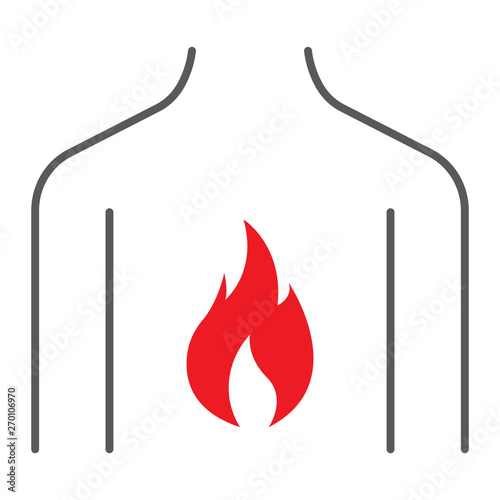 Chest pain thin line icon, body and pain, heartburn sign, vector graphics, a linear pattern on a white background.