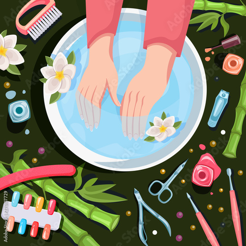 Female hands, top view vector illustration. Spa procedures, manicure and relax. Beauty salon hands and nails care.