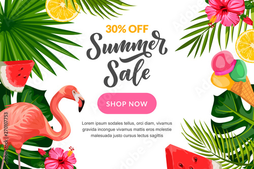 Tropical summer vector background. Sale banner, flyer or poster design template with hand drawn calligraphy lettering.