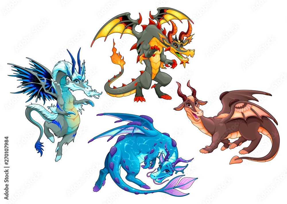 Naklejka premium Collection of four dragons. Cartoon vector isolated characters.