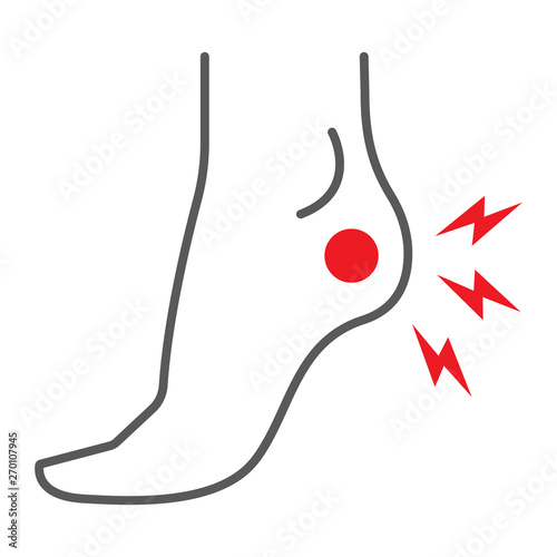 Heel pain thin line icon, body and painful, foot ache sign, vector graphics, a linear pattern on a white background.
