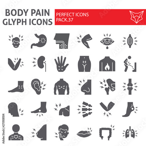 Body pain glyph icon set, organs ache symbols collection, vector sketches, logo illustrations, sickness signs solid pictograms package isolated on white background.