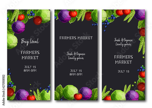 Farmers market flyers, brochure with bright fresh cabbage, peas, tomato, apples, and blueberries.
