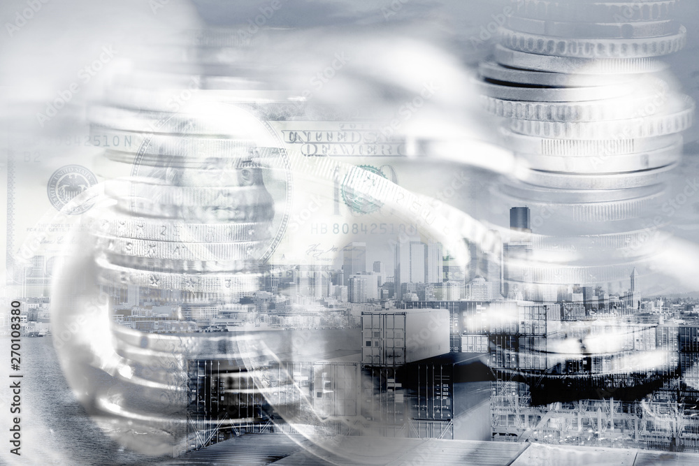 Fototapeta premium Financial background concept in a double exposure of money and city buildings.