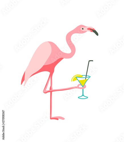 Pink flamingo drinking cocktail. Beach party