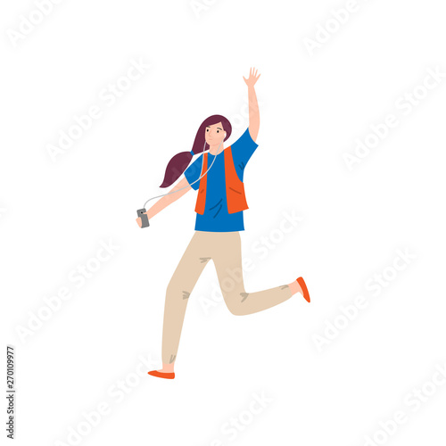 Running girl with red vest and listen music from smartphone