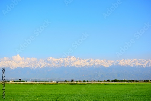 Agriculture fields with mountains on a sunny day © Colobus