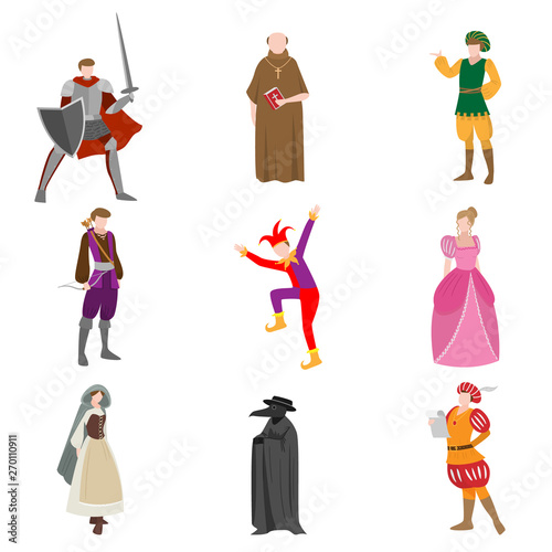 Set of different medieval people in colorful clothes and objects
