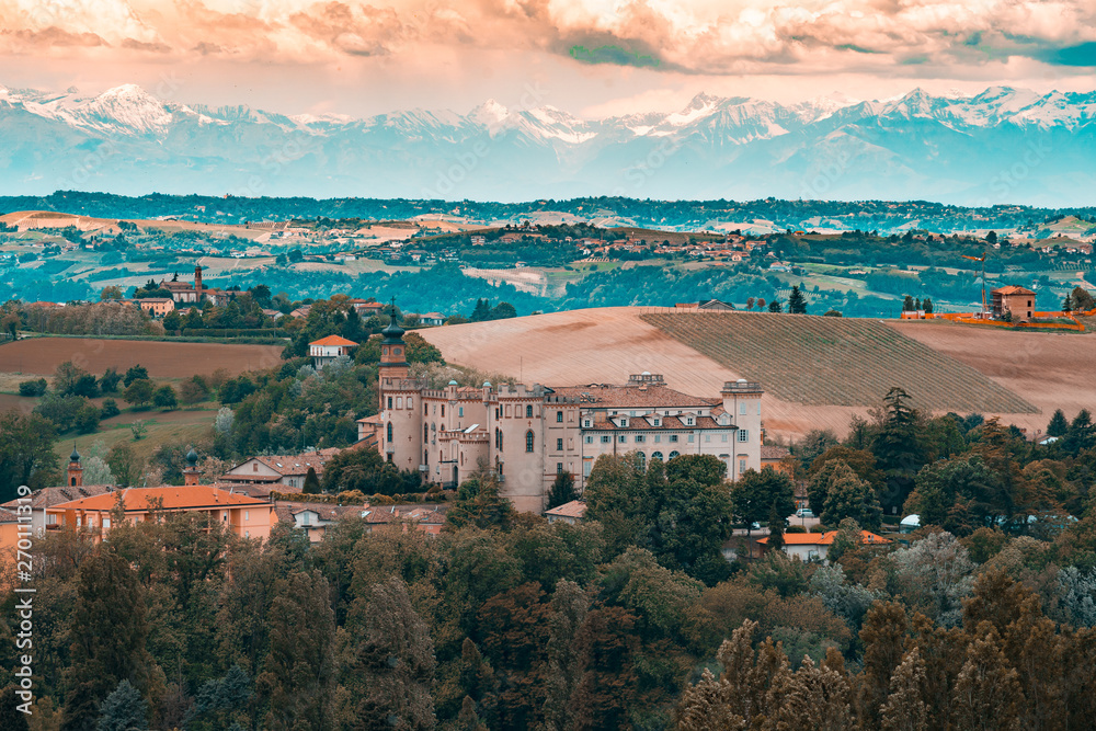Castle of Costigliole d'Asti (Piedmont - Italy). Sunset light vintage colors