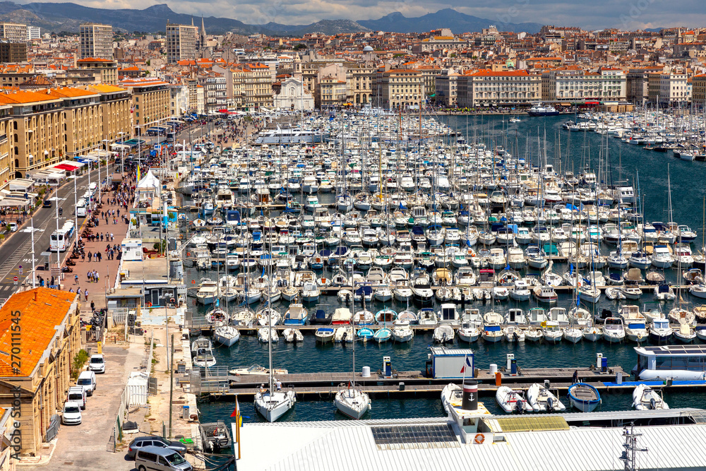 Marseilles. Aerial view of the old port on a sunny day.