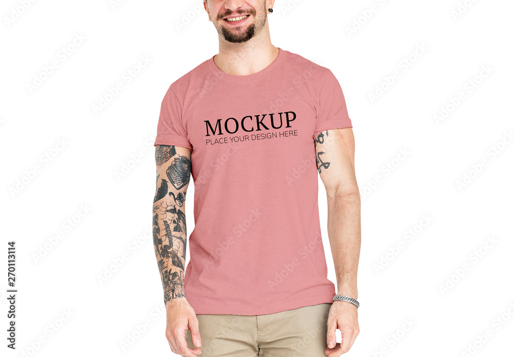 Man With Tattoos Wearing T-Shirt Mockup Stock Template | Adobe Stock