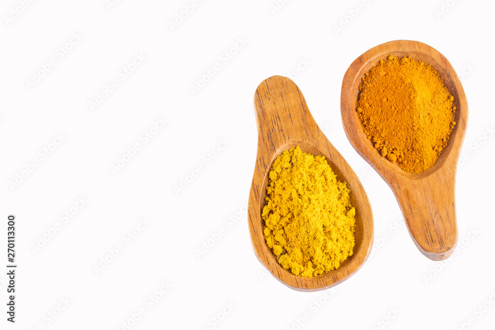 Turmeric and curry organic powder - Top view Turmeric and curry organic powder - Top view