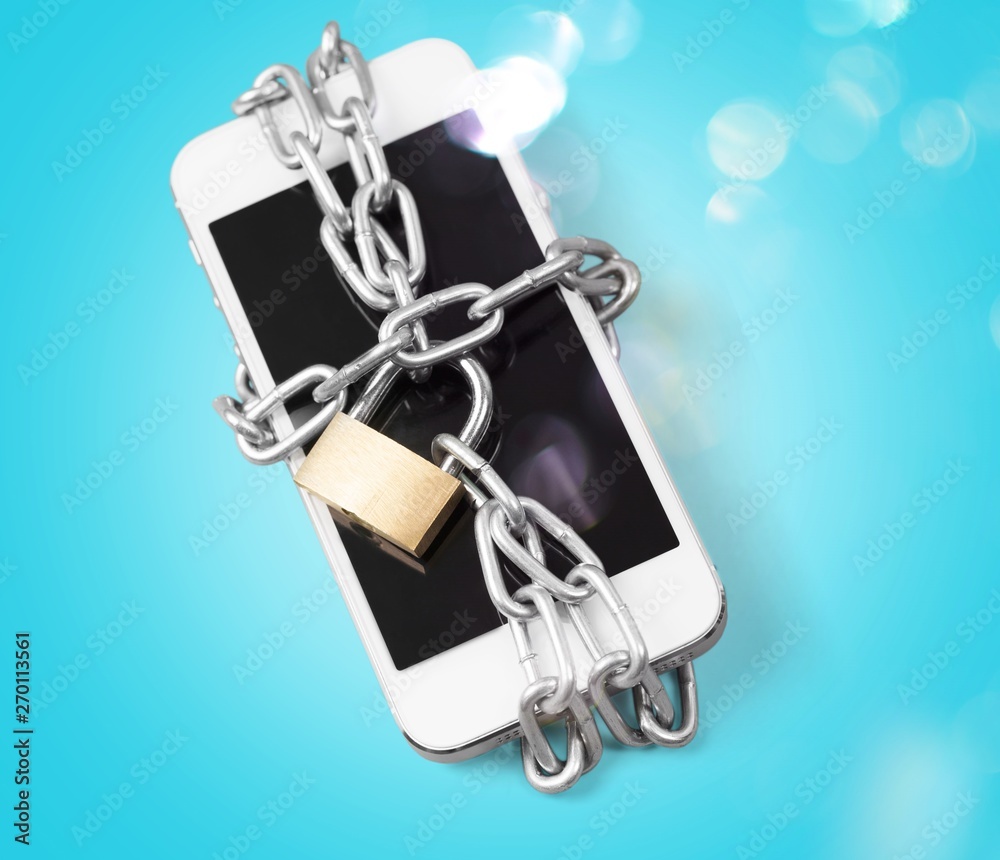 Modern smartphone with combination lock padlock. Concept of mobile phone security Modern smartphone with combination lock padlock. Concept of mobile phone security