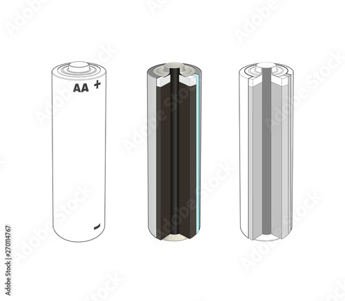 AA alkaline or lithium single cell battery scheme. Battery inside cut diagram. Isolated vector illustration
