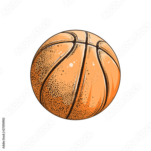 Vector drawing of basketball ball in color, isolated on white background. Graphic illustration, hand drawing. Drawing for posters, decoration and print. Vector illustration