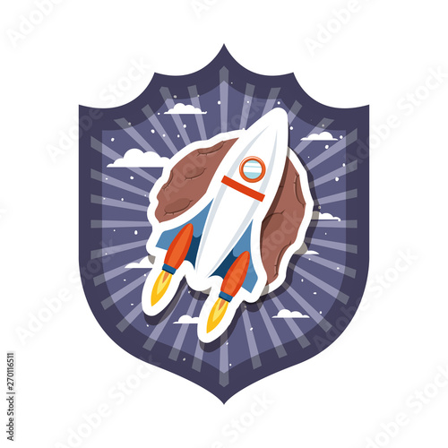 frame with rocket flying and planet of the solar system