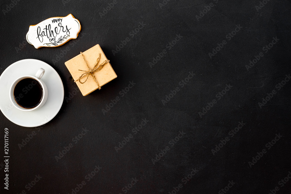 Happy Father Day with gift and coffee on black background top view mockup