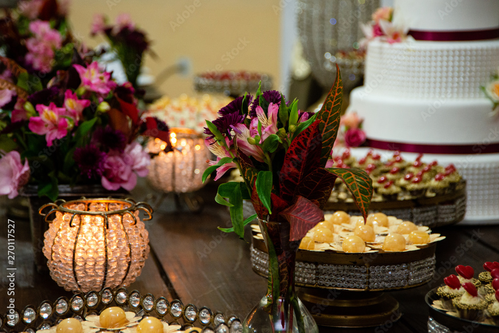 Sweet table at wedding party. Various sweets.