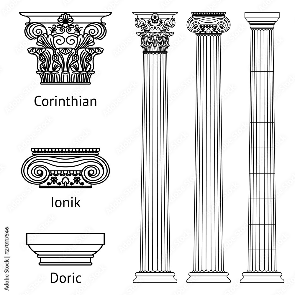 A set of antique Greek historical columns and capitals for them: the Ionic,  Doric and Corinthian capitals vector de Stock | Adobe Stock