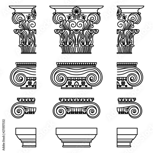 A set of antique Greek historical capitals for Calon: Ionic, Doric, and Corinthian capitals with a cut element scheme photo