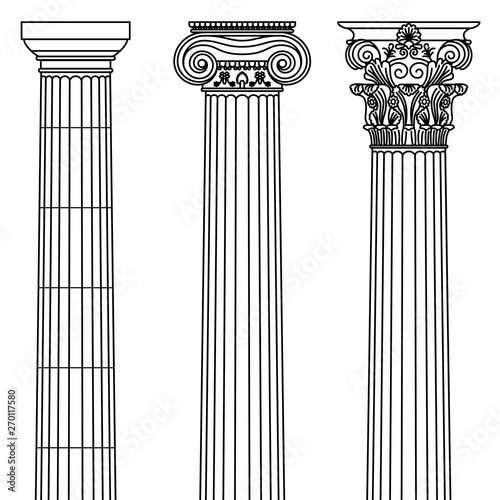 A set of antique Greek and historical columns with Ionic, Doric and Corinthian capitals Vector line illustration.