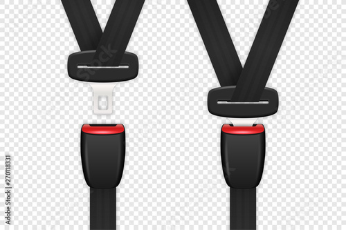 Vector 3d Realistic Blocked and Unblocked Passenger Seat Belt Set Clopeup Isolated on Transparent Backgroud. Design Template. Top View. Transport Safety Concept