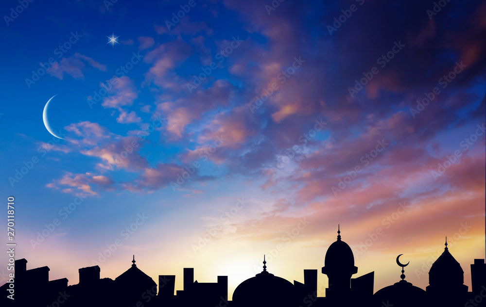  Mosque silhouette against the background of sky. Perfect sunset . Crescent moon with beautiful sunset background . Generous Ramadan