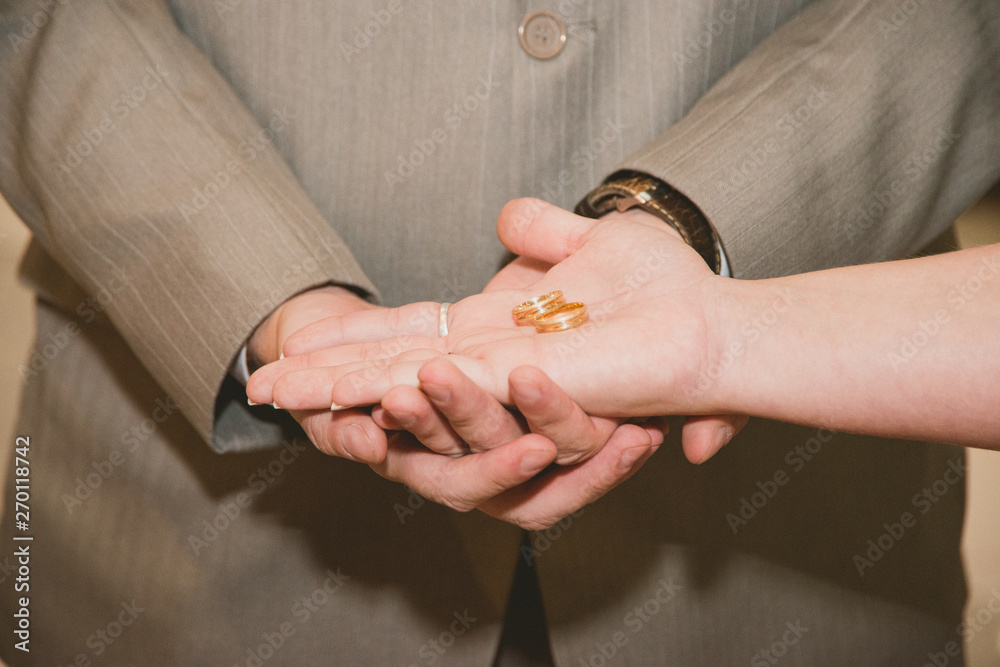 Exchange of alliances by the bride and groom in a religious ceremony.