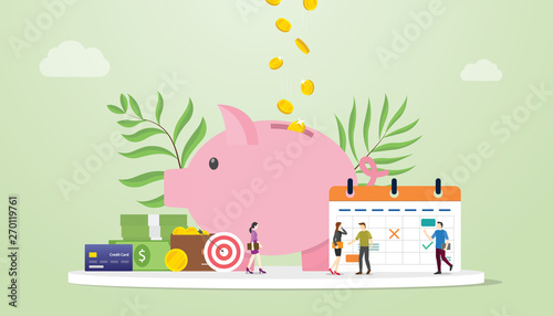monthly budget planning concept with saving piggy icon and calendar with team people and modern flat style - vector