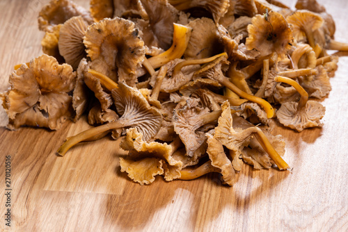 Chanterelle mushrooms on a wooden table