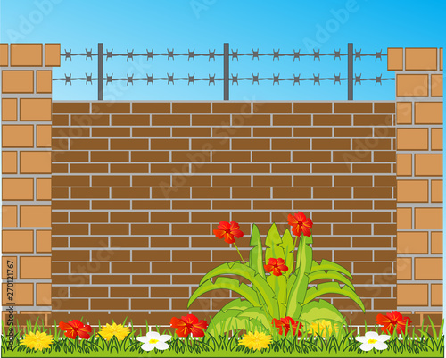 Impregnable wall from brick and barbed wire upstairs