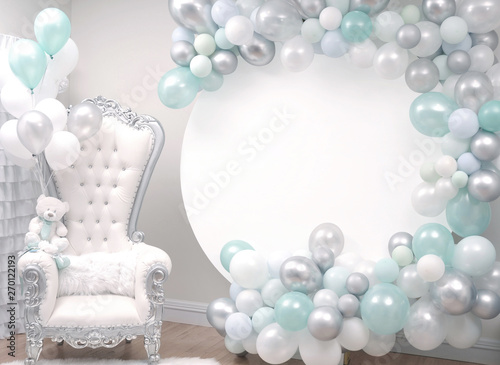 Beautiful decoration armchair and balloons for a baby shower party.