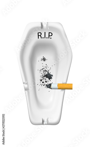 White realistic ashtray for cigarettes in a shape of coffin with butt and ashes, attributes of nicotine addiction. Design concept stop smoking, inscription - rest in peace. Vector illustration