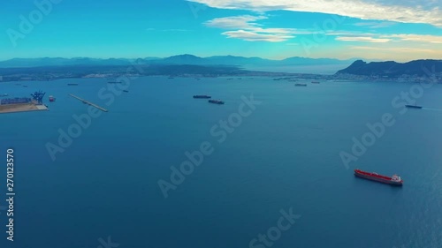 Aerial view. Warships, barges and boats in the sea near the border of Gibraltar, Spain.