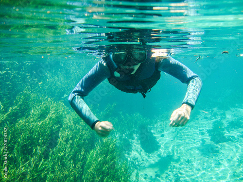 Canvastavla Girl snorkeling at Sucuri river water surface, crystal clear, transparent blue r
