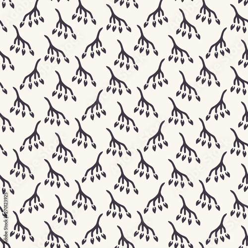 Seamless vector pattern. Hand drawn seed berry branch. Repeating simple nature background. Monochrome surface design textile swatch, modern black white wallpaper. Hipster minimal style all over print.