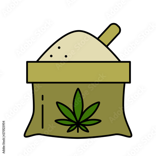 A bag of hemp flour with a leaf of marijuana. Isolated vector illustration on white background.