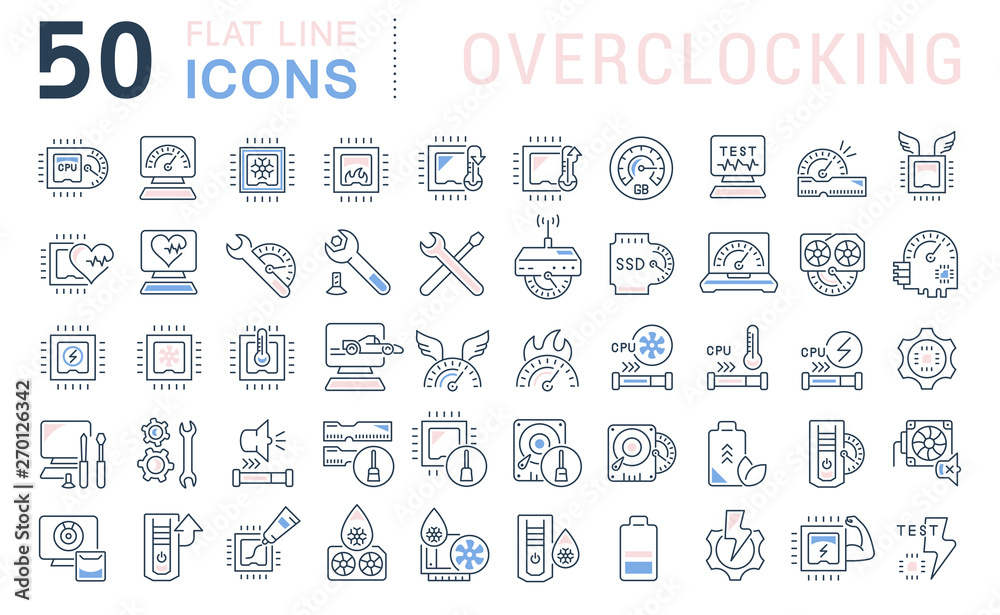 Set Vector Line Icons of Overclocking Set Vector Line Icons of Overclocking