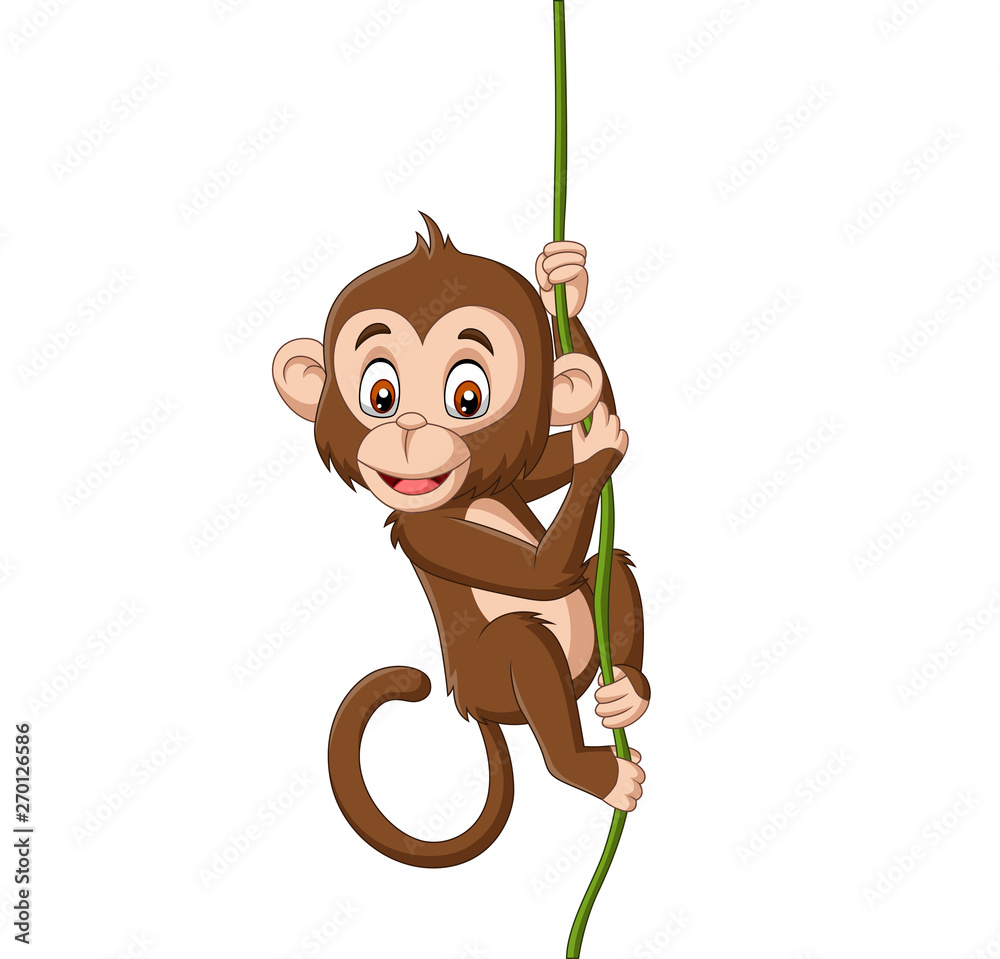 Cartoon baby monkey hanging on a tree branch