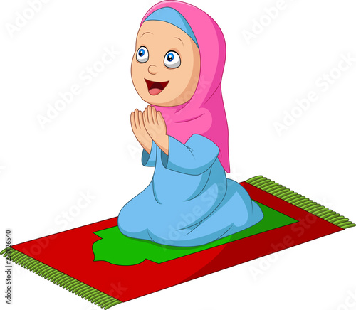 Cartoon Muslim girl praying on the prayer rug