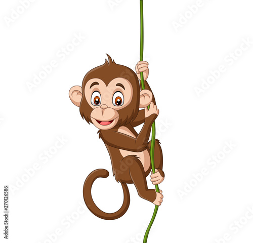 Cartoon baby monkey hanging on a tree branch