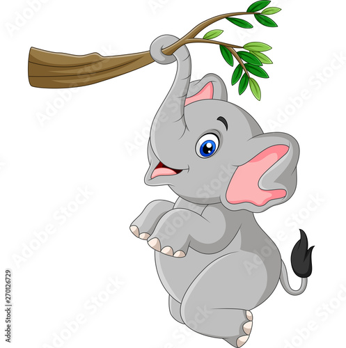 Cartoon funny elephant playing on a tree branch