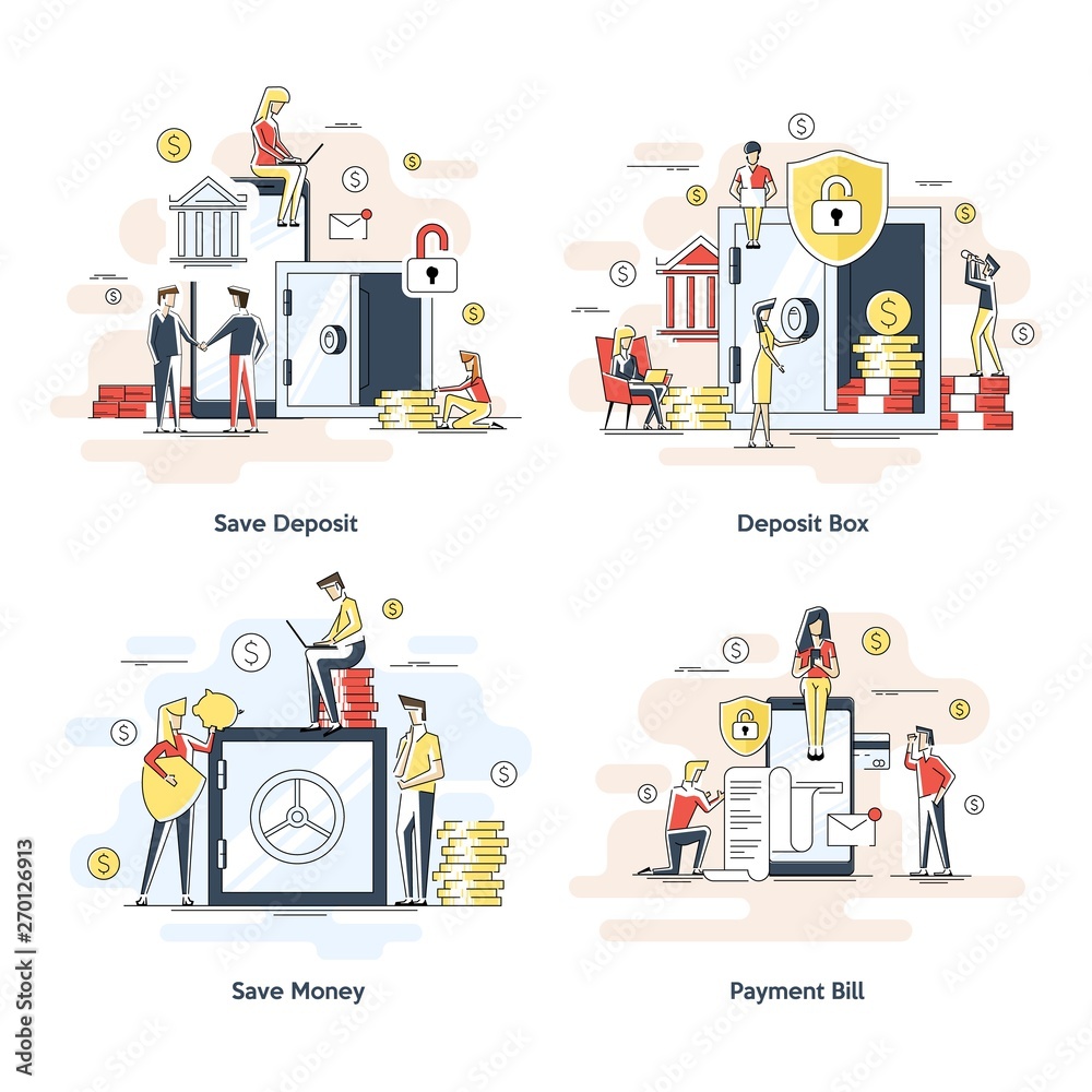 Flat linear illustration concept. dollars in a deposit box, safe savings, a money deposit, bank employees, investing money on an account, closed bank safe.