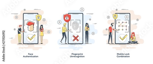 Flat linear illustrations of Biometric authentication concept. Set with privacy protection and recognition elements isolated vector illustration.