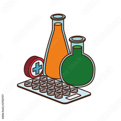 laboratory instruments with medicines in white background