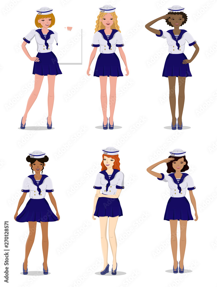Collection of beautiful girls in the form of a sailor stylish, vector illustration. Collection of beautiful girls in the form of a sailor stylish, vector illustration.